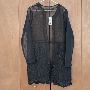 Cable & Gauge Dressy Open Front Black Coat w/Scalloped Hem & Floral Appliqué NWT